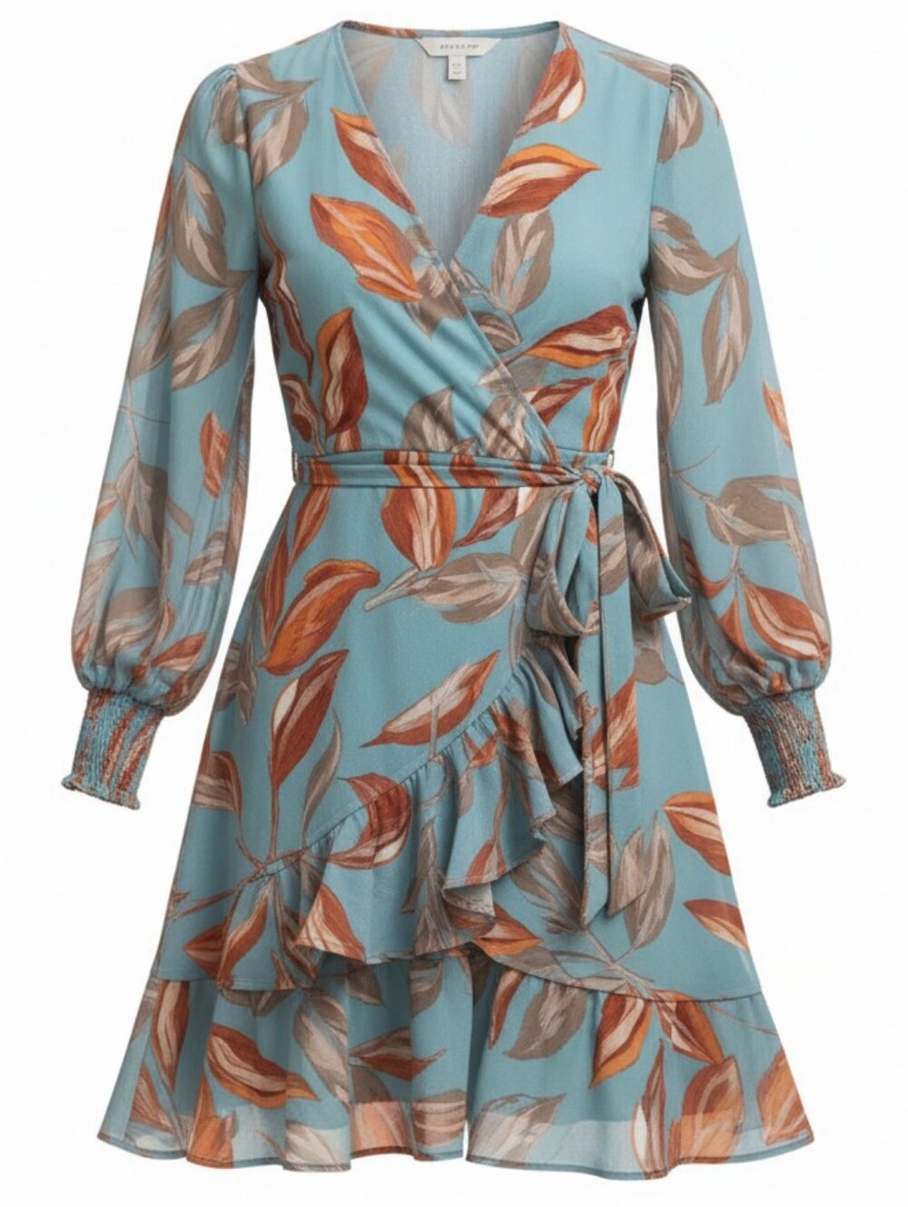 Blue Floral Wrap Dress | Long Sleeve Ruffle Mini | Feminine Romantic |NWT Medium - Picture 5 of 9